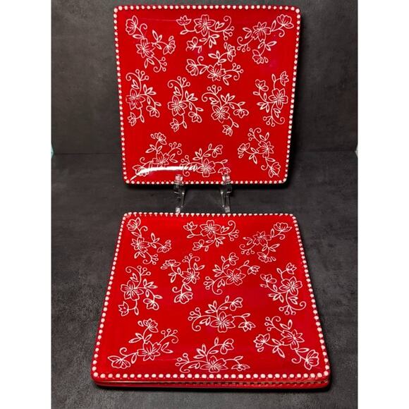 3 Temp-Tations Floral Lace RED Square 8X8” Plates Set White Flowers Temptations - Picture 1 of 6